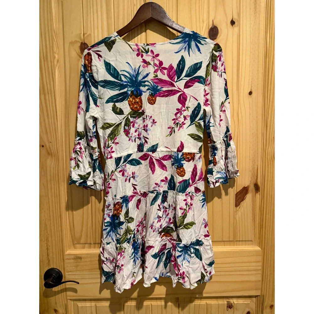 Blue Island Womens Tropical Floral Pineapple‎ Beach Coverup Dress White XS
